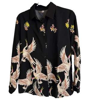 LAI MENG FIVE CATS CRANE PRINT BLACK BUTTON UP, Shirt L-Chest 40”/L27”Whimsigoth